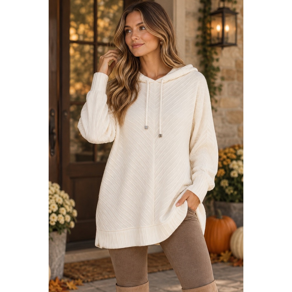 Nine West Hoodie Women Size XL Ribbed Knit Pullover Ivory Cream Casual Tunic Top